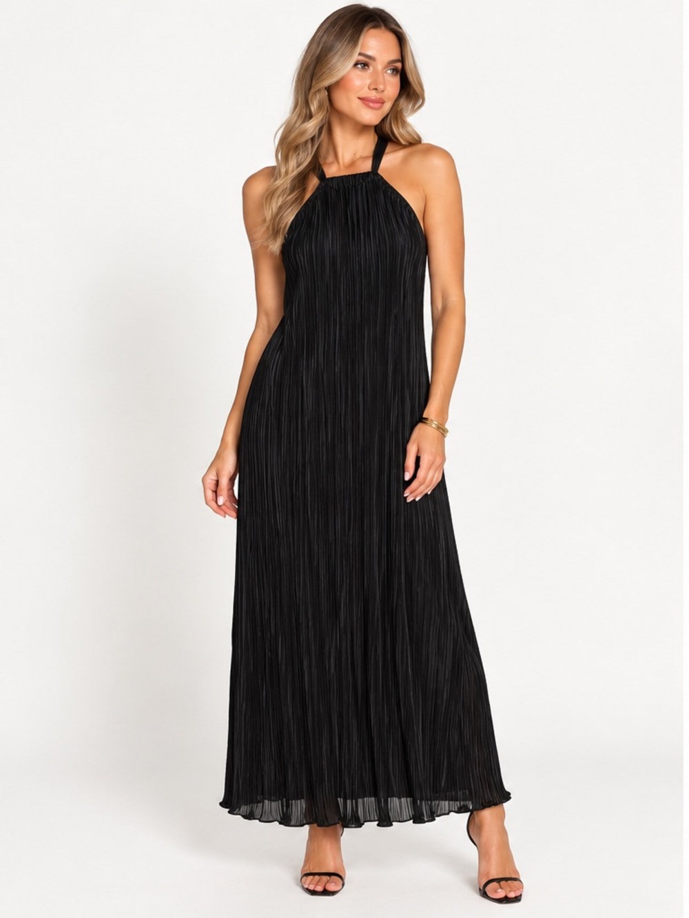 Petal & Pup Melody Plisse Halter Maxi Dress Black $129